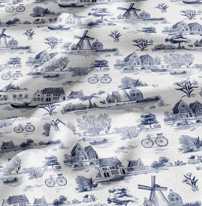 100% LINEN Fabric Delft Holand scenery print - blue white 2160