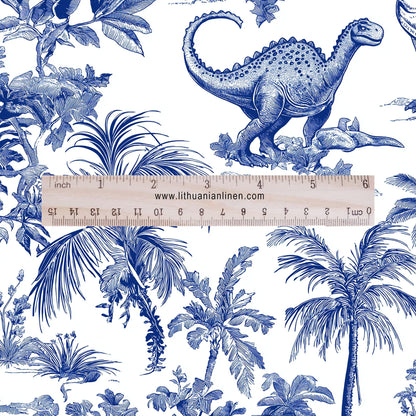 100% LINEN Fabric Toile de Jouy with dinosaures - white blue nursery fabric 2176