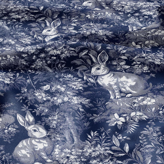 100% LINEN Fabric Toile de Jouy Rabbit print in indigo blue 2508