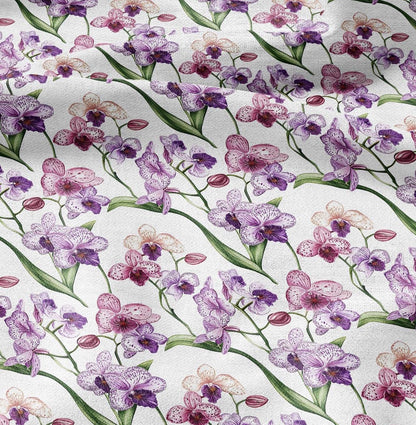 100% LINEN Fabric Floral pink purple orchid print - 2128