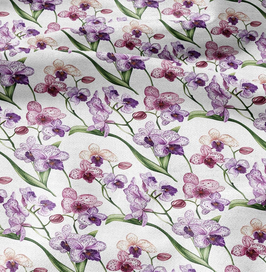 100% LINEN Fabric Floral pink purple orchid print - 2128