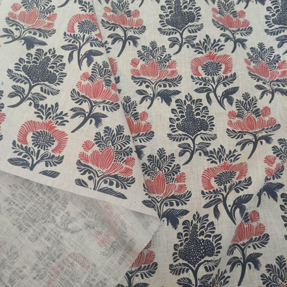 100% LINEN Fabric block print - navy blue & red on white 2414