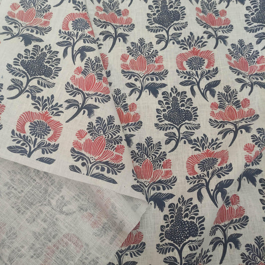 100% LINEN Fabric block print - navy blue & red on white 2414
