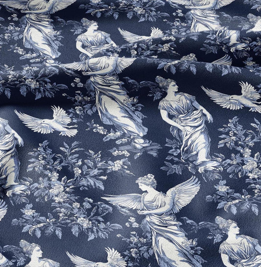 100% LINEN Fabric print Greek Goddesses print - navy blue toile de jouy 2159