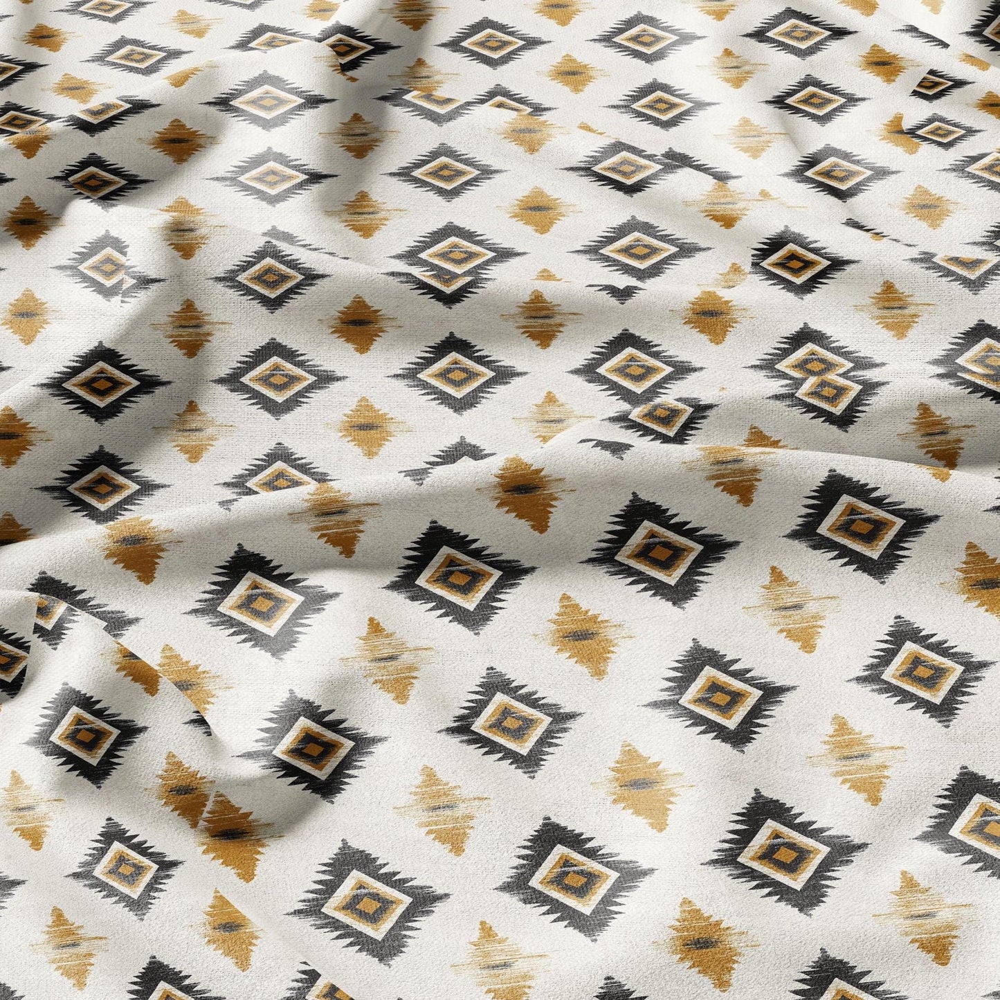 100% LINEN Fabric Abstract Western tribal print - yellow white 2419