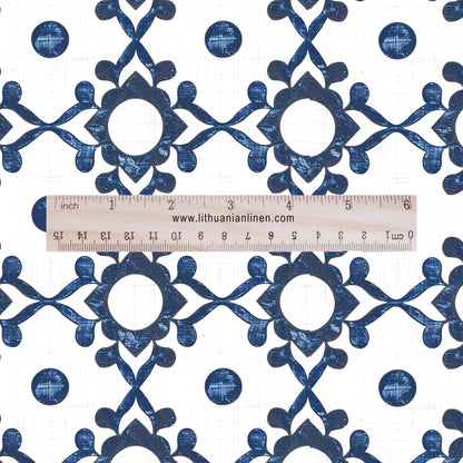100% LINEN Fabric block print indigo blue on white - 2430