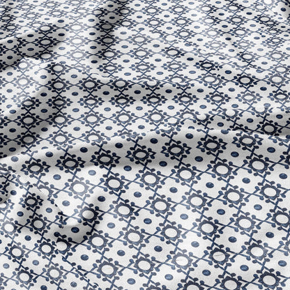 100% LINEN Fabric block print indigo blue on white - 2430