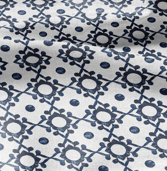 100% LINEN Fabric block print indigo blue on white - 2430