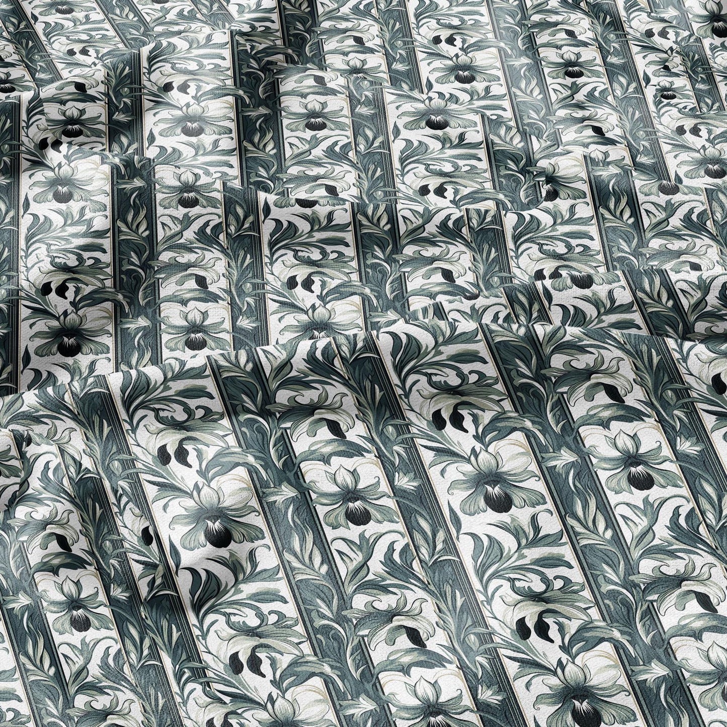 100% LINEN Fabric Art Noveau floral - narcissus botanical green white 2418
