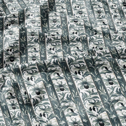 100% LINEN Fabric Art Noveau floral - narcissus botanical green white 2418