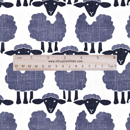 100% LINEN Fabric Sheep blue white - animal print 2428