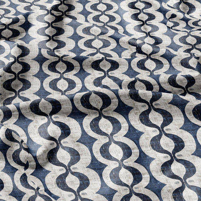 100% LINEN Fabric stripe squirl print - navy blue white 2424
