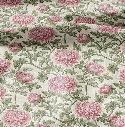 100% linen fabric Chrysanthemum print - floral beige pink green 2415