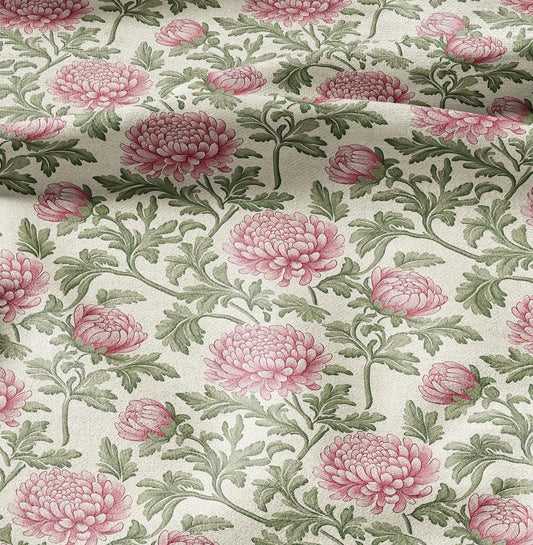 100% linen fabric Chrysanthemum print - floral beige pink green 2415