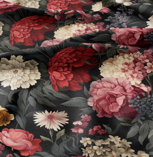 100% linen fabric baroque flower print - floral red black 2421