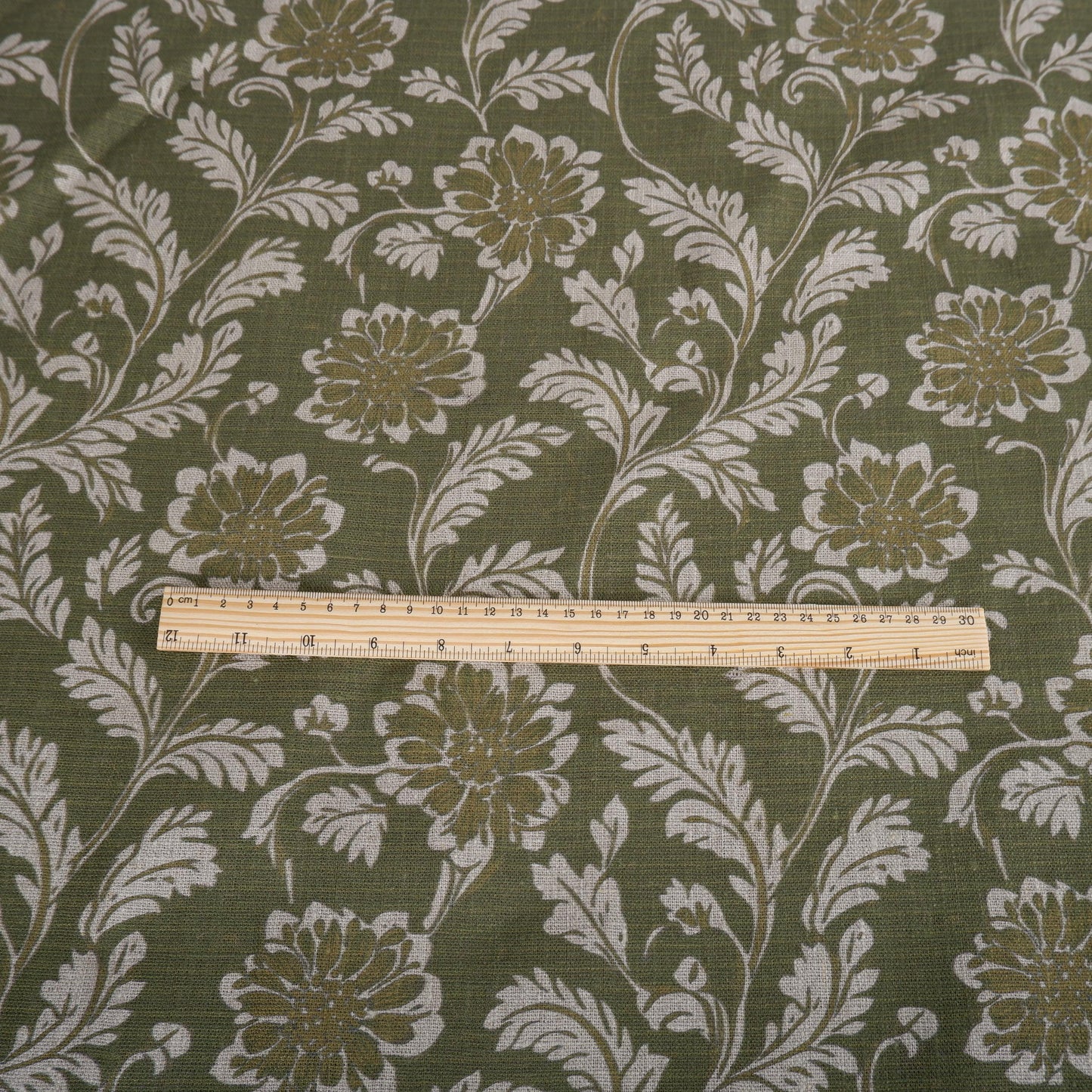 100% LINEN Fabric green floral block print on oatmeal 2257