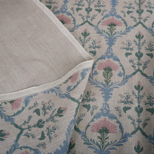 100% LINEN Fabric pink blue block print  - Arabesque trellis 2254