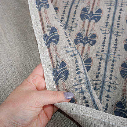 100% LINEN Fabric Stripe abstract blue red grey block print 2237
