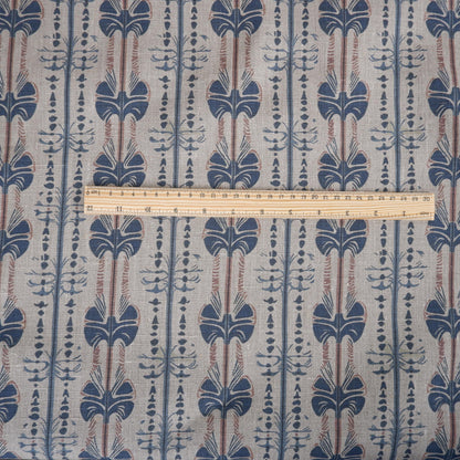 100% LINEN Fabric Stripe abstract blue red grey block print 2237
