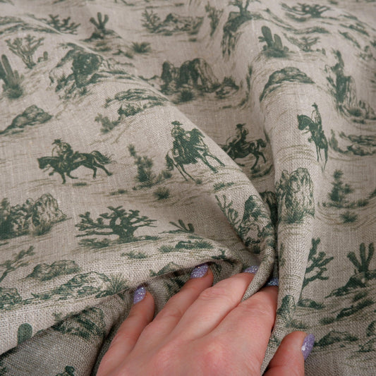 100% LINEN Fabric Toile de Jouy Cowboy in desert  - green grey 2208
