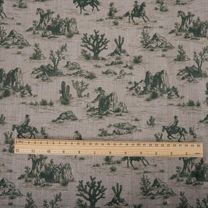 100% LINEN Fabric Toile de Jouy Cowboy in desert  - green grey 2208