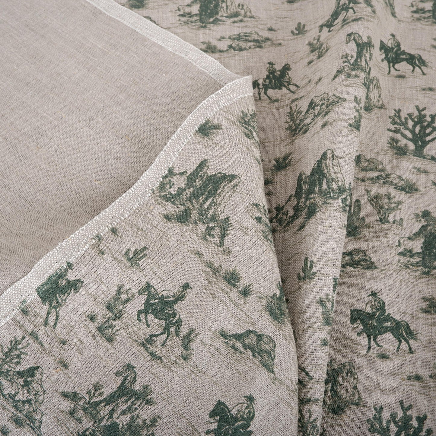 100% LINEN Fabric Toile de Jouy Cowboy in desert  - green grey 2208