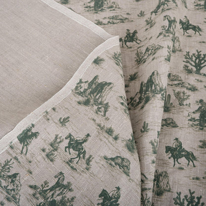 100% LINEN Fabric Toile de Jouy Cowboy in desert  - green grey 2208