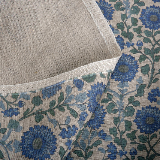 100% LINEN Fabric Mughal floral print  - blue green grey 2214