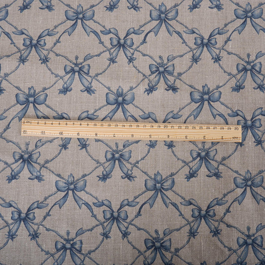 100% LINEN Fabric Blue Ribbon bow on oatmeal linen - Nursery print 2235