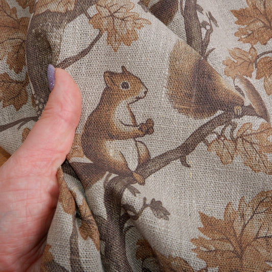 100% LINEN Fabric Toile de Jouy with Squirrel in forest 2220