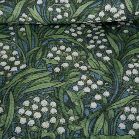 100% LINEN Fabric Lily of the valley - floral green print on linen 2065
