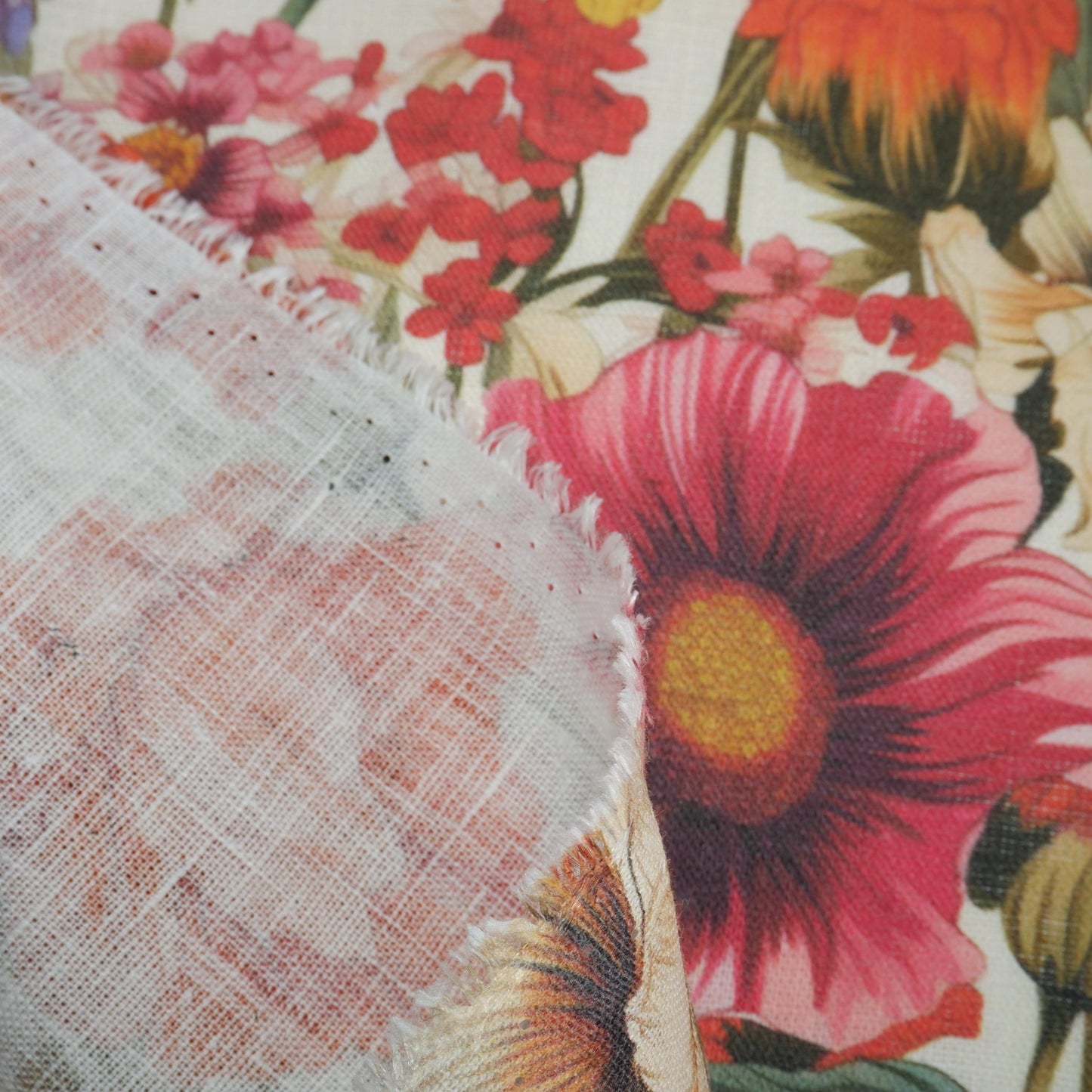 100% LINEN RED yellow WILDFLOWERS floral print 2073