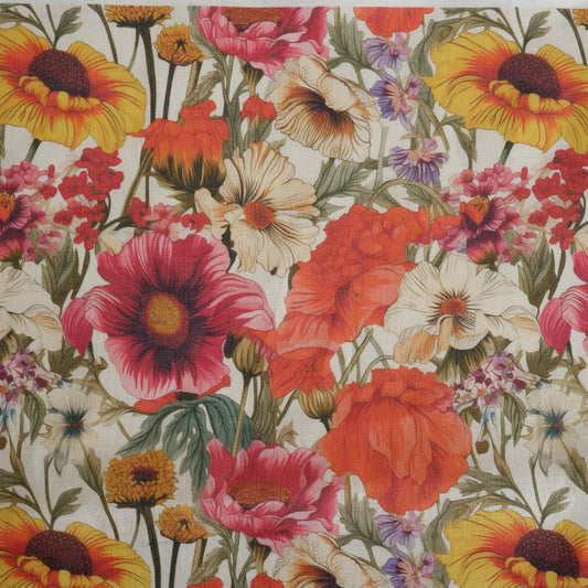 100% LINEN RED yellow WILDFLOWERS floral print 2073
