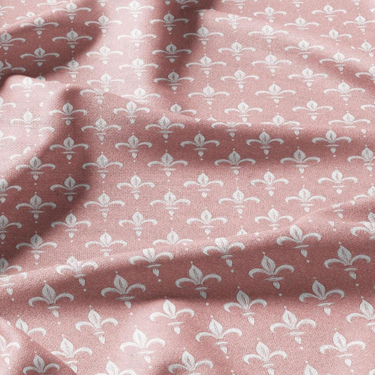 100% LINEN Fabric Fleur de lis print - pink white 2273