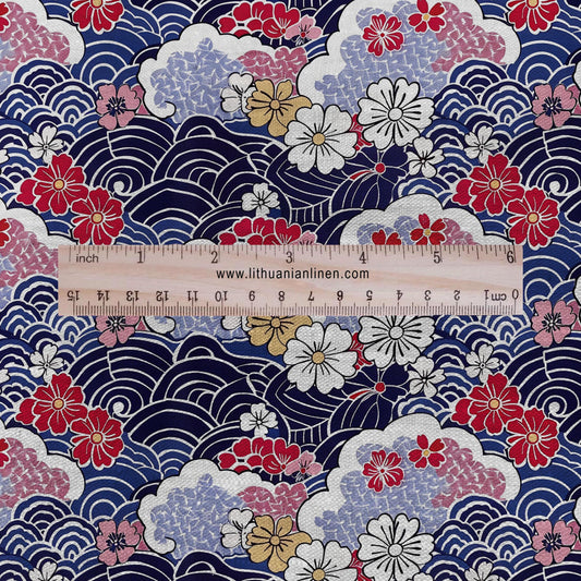 100% LINEN Fabric Japanese Ikigai Print - red navy waves floral 2201