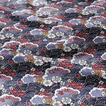 100% LINEN Fabric Japanese Ikigai Print - red navy waves floral 2201