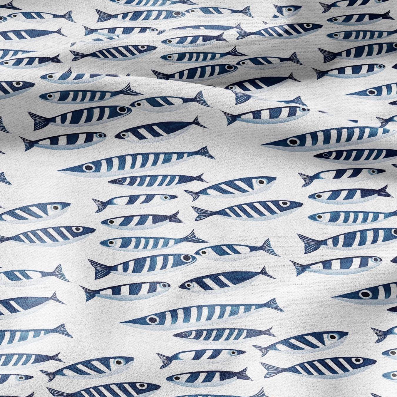 100% LINEN Fabric Sardines fish - animal blue white print 2273