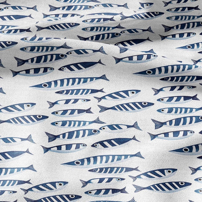 100% LINEN Fabric Sardines fish - animal blue white print 2273
