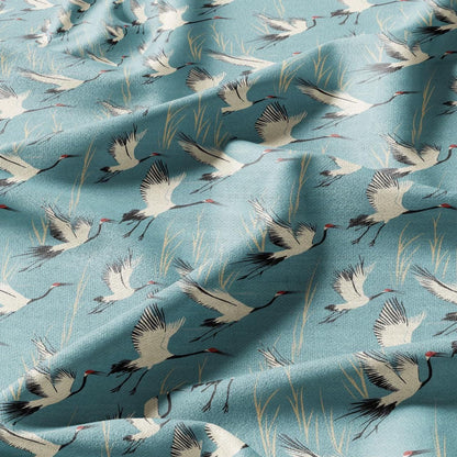 100% LINEN Fabric Cranes print -birds blue white 2271
