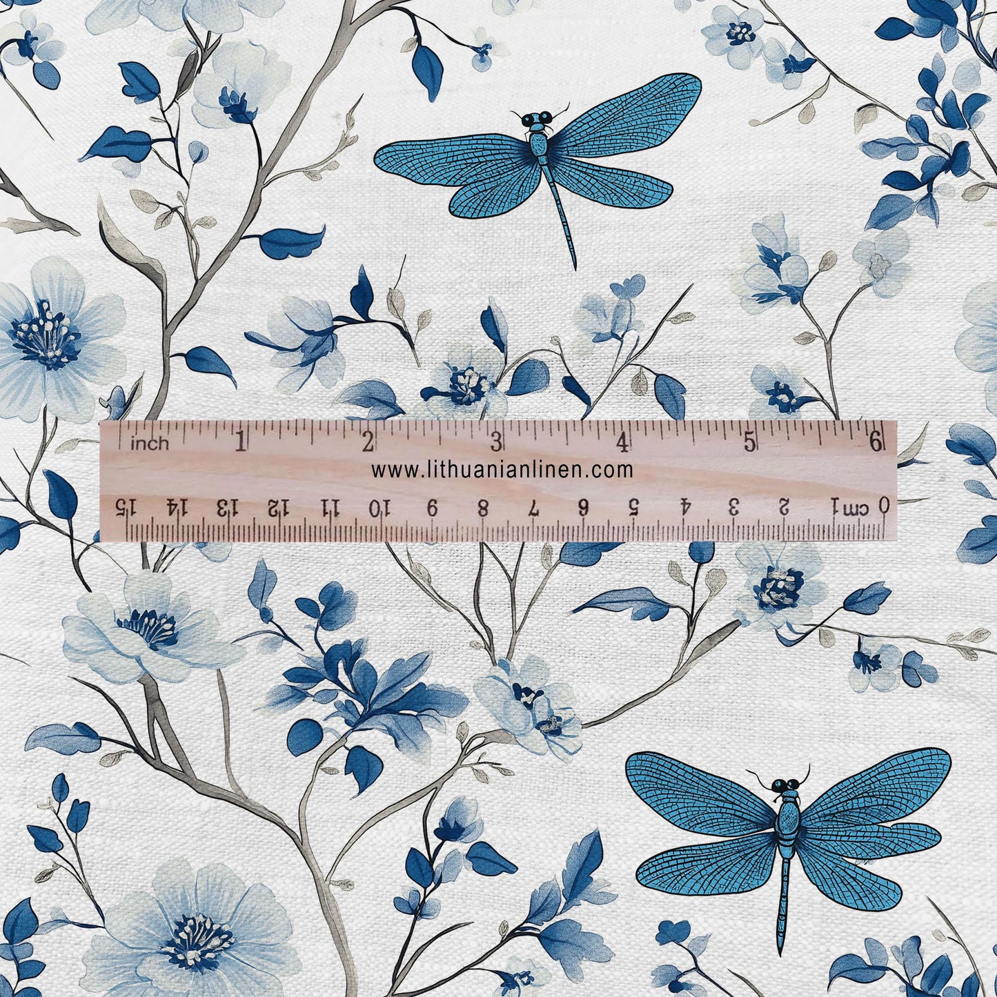100% LINEN Fabric Dragonflies in field print - blue white meadow 2283