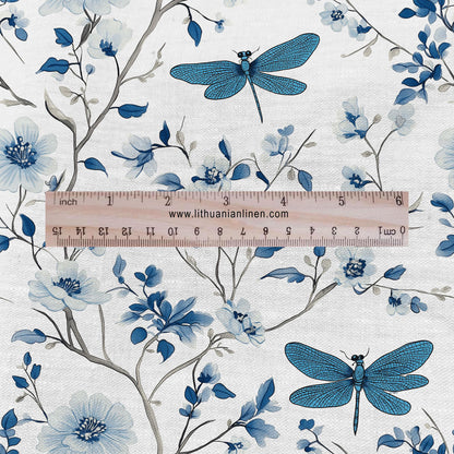 100% LINEN Fabric Dragonflies in field print - blue white meadow 2283