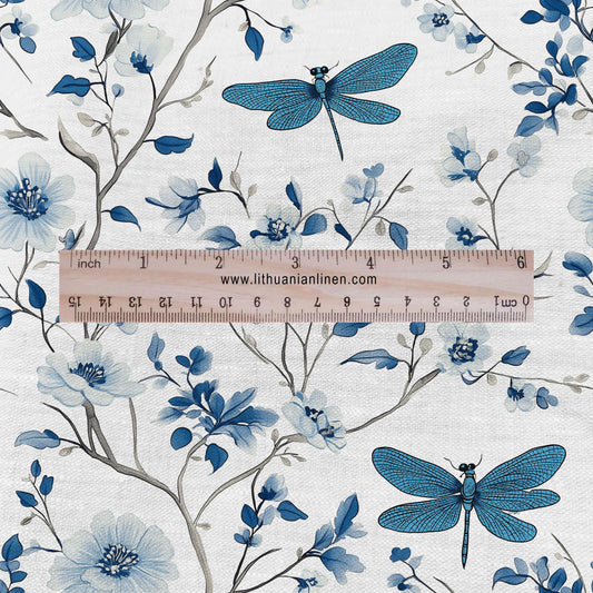 100% LINEN Fabric Dragonflies in field print - blue white meadow 2283