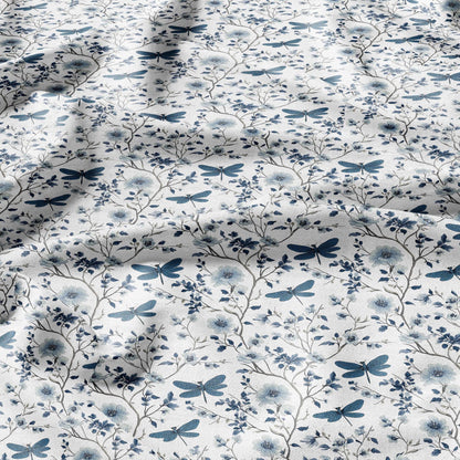 100% LINEN Fabric Dragonflies in field print - blue white meadow 2283