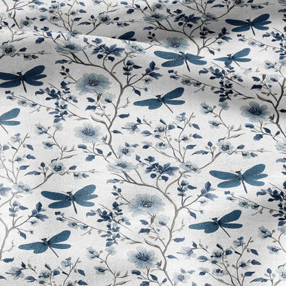 100% LINEN Fabric Dragonflies in field print - blue white meadow 2283