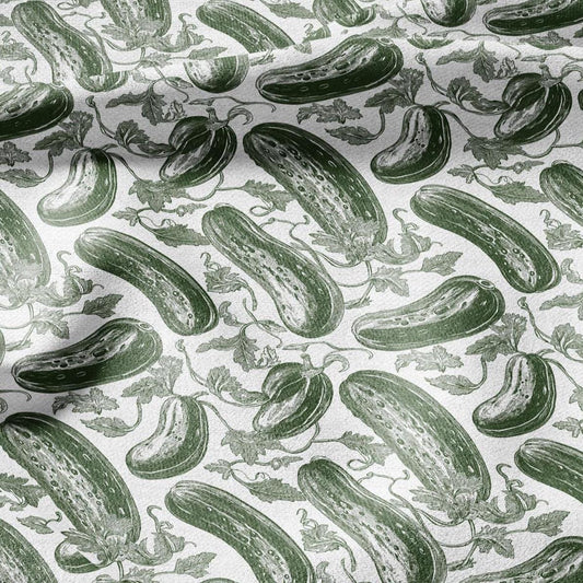 100% LINEN Fabric Green Cucumber print - green white 2268