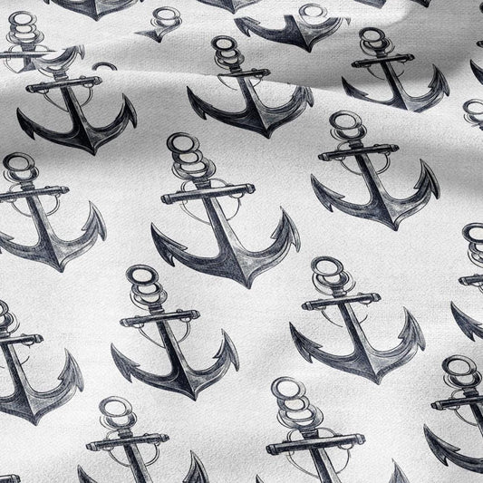 Anchor print on 100% LINEN fabric - white black 2292