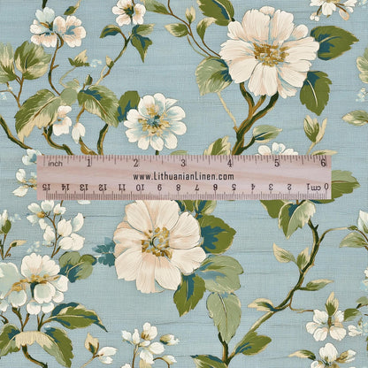 100% LINEN Fabric Apple Blossom print - blue white 2503