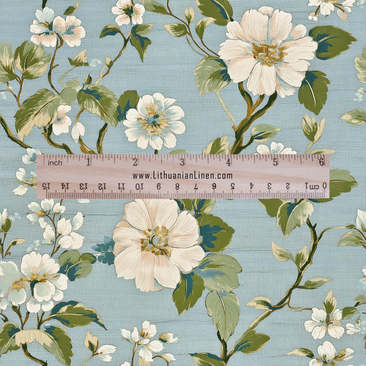100% LINEN Fabric Apple Blossom print - blue white 2503