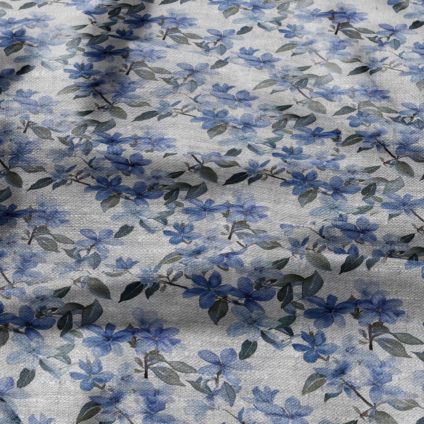 100% LINEN Fabric floral blue blossom print on oatmeal linen 2507