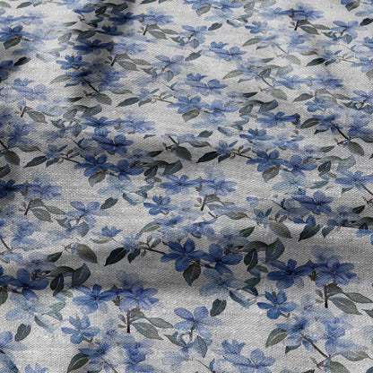 100% LINEN Fabric floral blue blossom print on oatmeal linen 2507